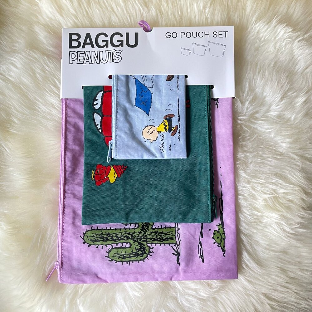 NWT Baggu Go Pouch Set - Peanuts (Kite Eating Tree, Puffer Snoopy, Pink Spike) - Picture 2 of 6
